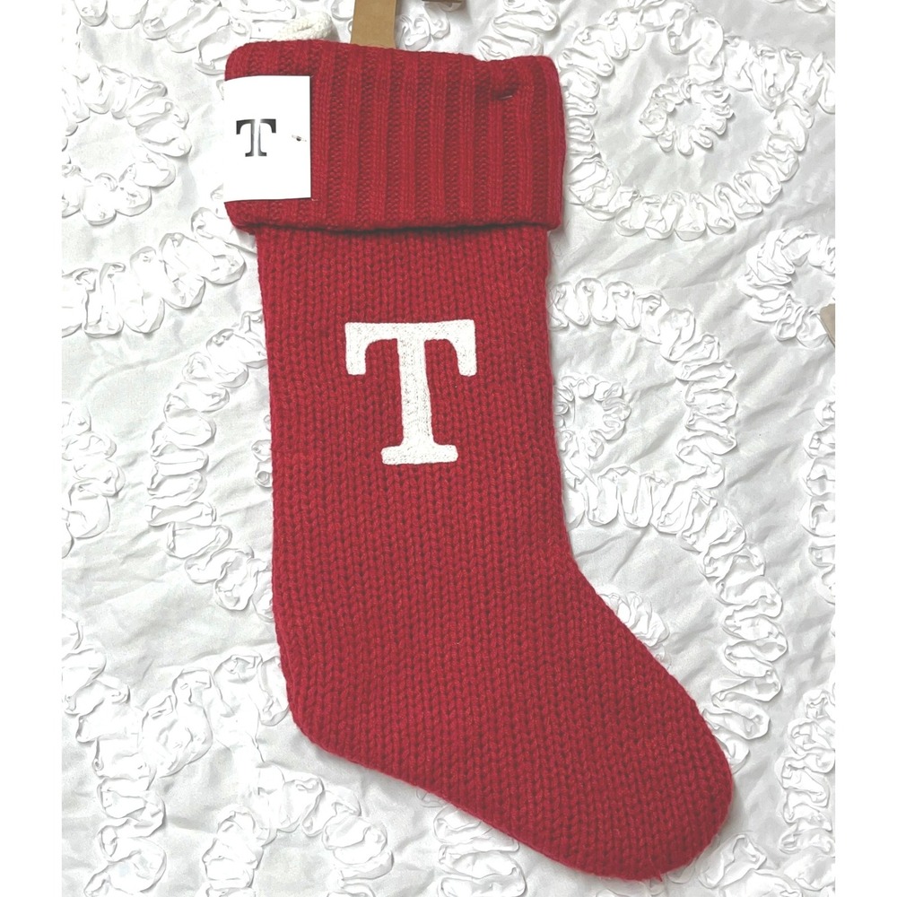 Red Knit Christmas‎ Stocking Monogram T Holiday Decor Country 20"
